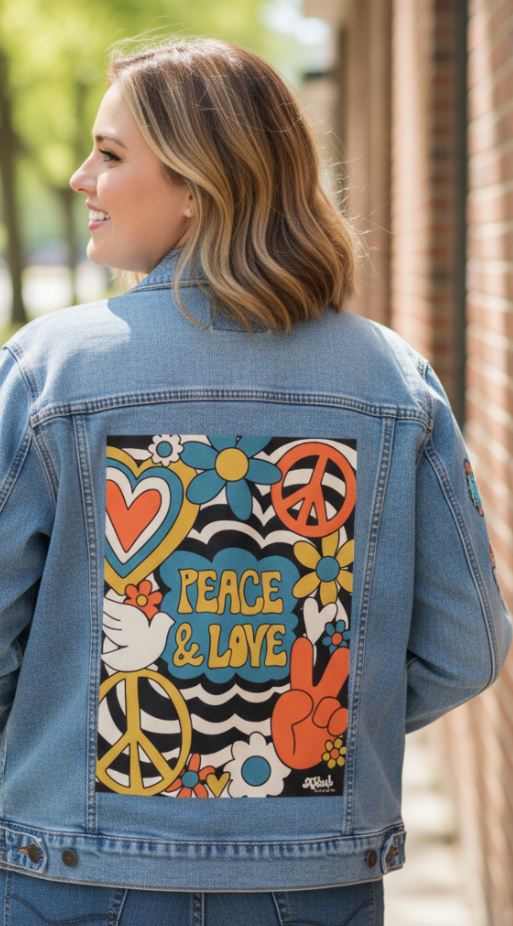 PEACE LOVE STRIPES by KITSCH AND CURATE, digitally printed on DENIM products: throw pillows, aprons, table place mats, and hand-made Unisex Denim Jackets in 3 color choices