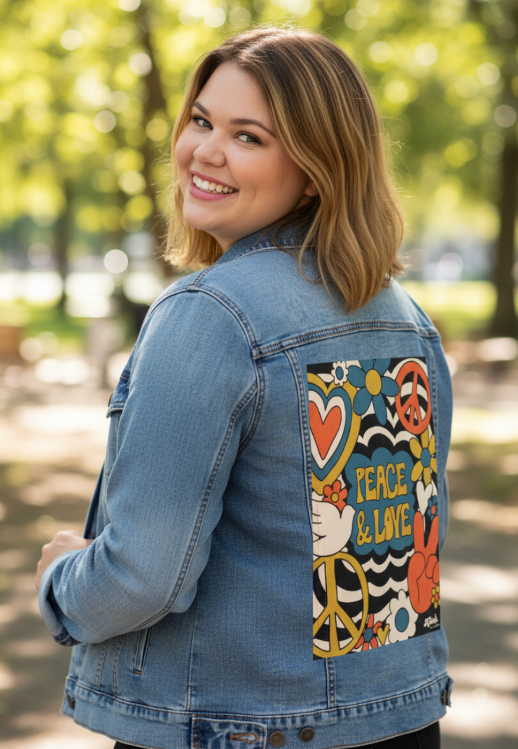 PEACE LOVE STRIPES by KITSCH AND CURATE, digitally printed on a hand-made Unisex Denim Jacket