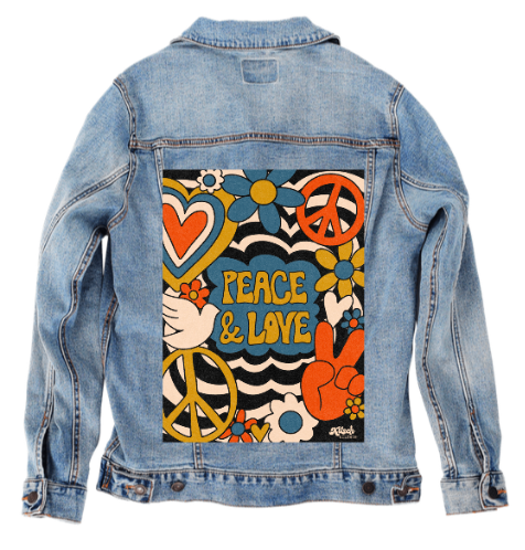 PEACE LOVE STRIPES by KITSCH AND CURATE, digitally printed on DENIM products: throw pillows, aprons, table place mats, and hand-made Unisex Denim Jackets in 3 color choices