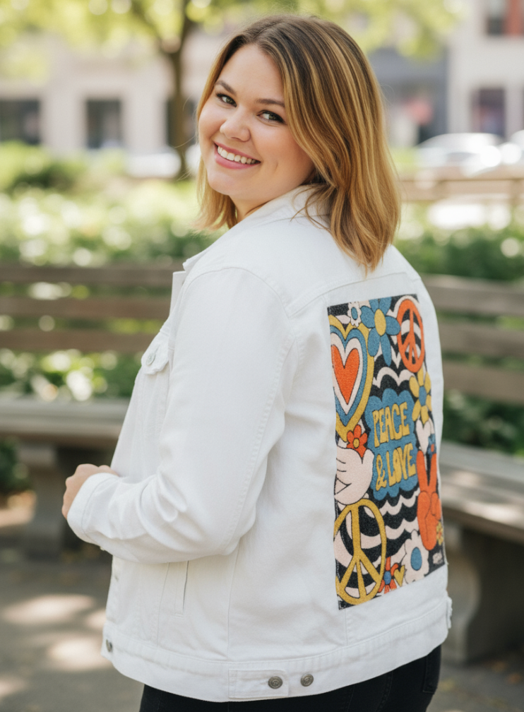 PEACE LOVE STRIPES by KITSCH AND CURATE, digitally printed on a hand-made Unisex Denim Jacket