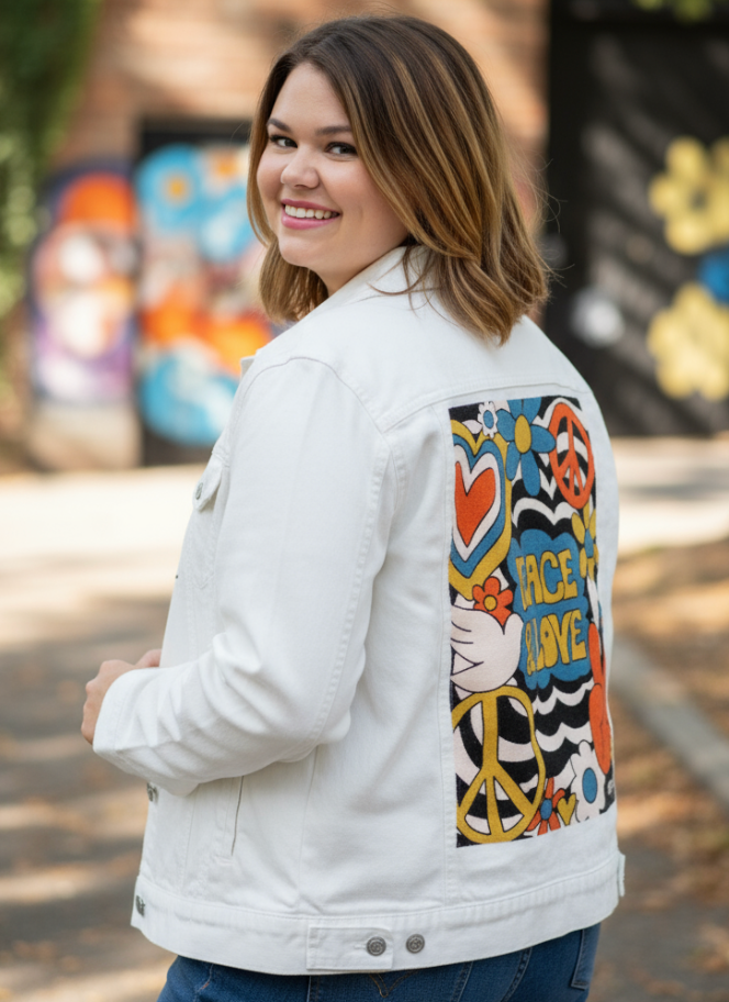 PEACE LOVE STRIPES by KITSCH AND CURATE, digitally printed on a hand-made Unisex Denim Jacket