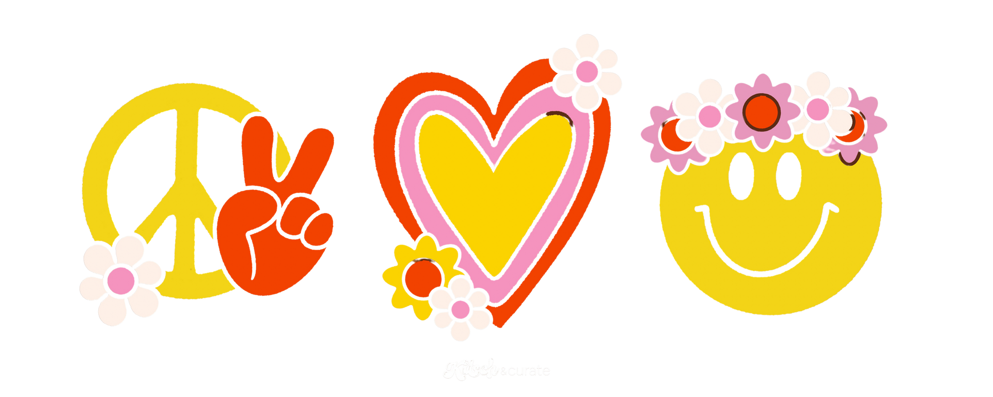 PEACE LOVE HAPPINESS by KITSCH AND CURATE, digitally printed on DENIM products: throw pillows, aprons, table place mats, and hand-made Unisex Denim Jackets in 3 color choices