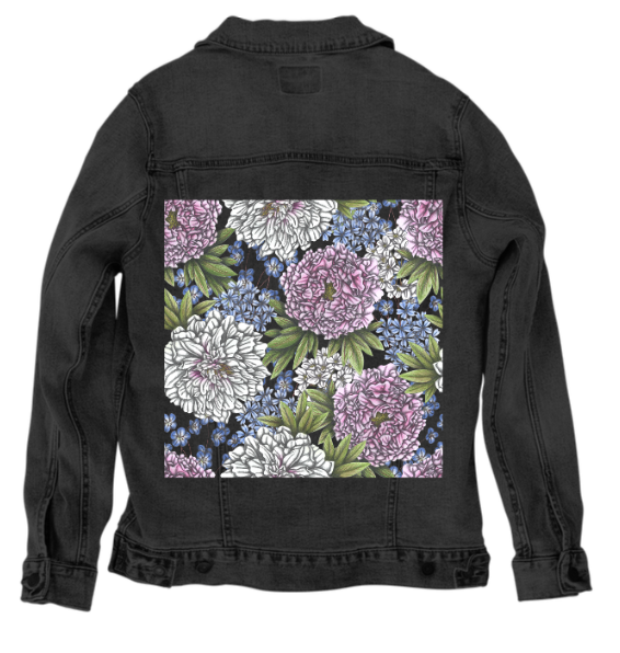 PEONIES by CECILIA BATTAINI, digitally printed on DENIM products: throw pillows, aprons, table place mats, and hand-made Unisex Denim Jackets in 3 color choices