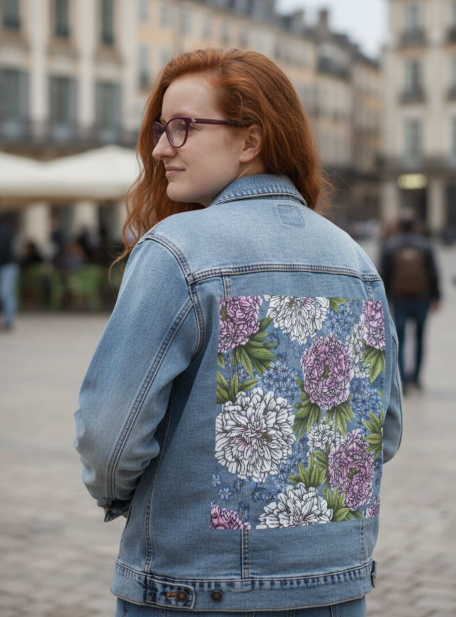 PEONIES by CECILIA BATTAINI, digitally printed on DENIM products: throw pillows, aprons, table place mats, and hand-made Unisex Denim Jackets in 3 color choices