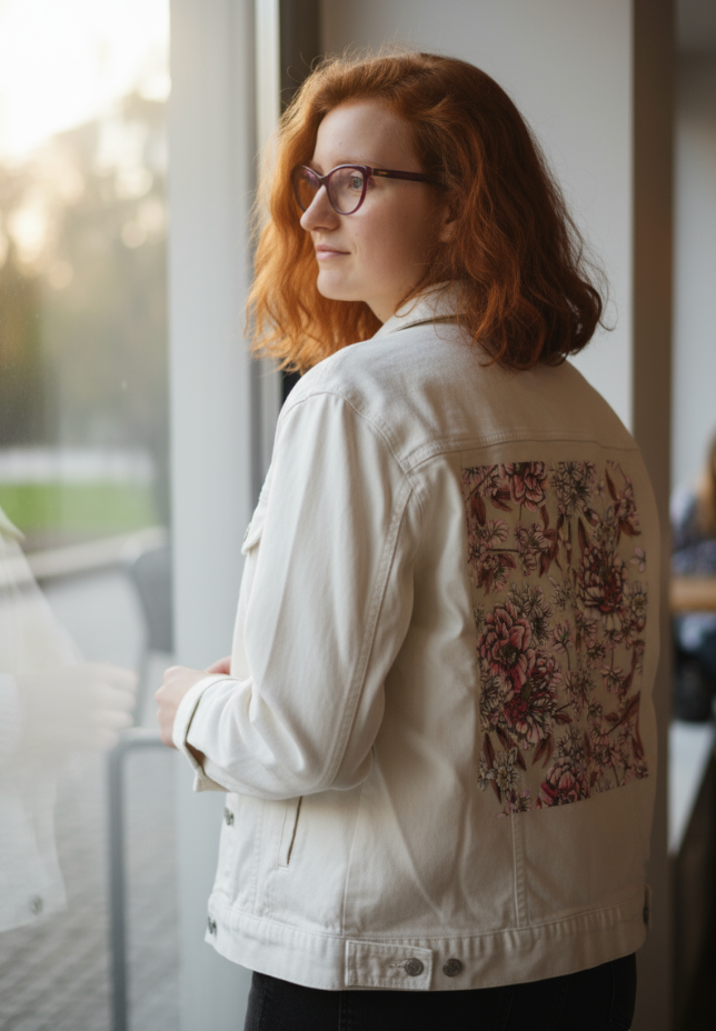 PINK AFTERNOON by CECILIA BATTAINI, digitally printed on DENIM products: throw pillows, aprons, table place mats, and hand-made Unisex Denim Jackets in 3 color choices