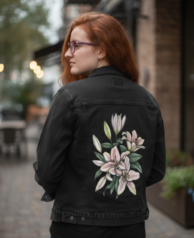 PINK LILIES by CECILIA BATTAINI, digitally printed on DENIM products: throw pillows, aprons, table place mats, and hand-made Unisex Denim Jackets in 3 color choices
