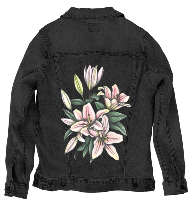 PINK LILIES by CECILIA BATTAINI, digitally printed on DENIM products: throw pillows, aprons, table place mats, and hand-made Unisex Denim Jackets in 3 color choices