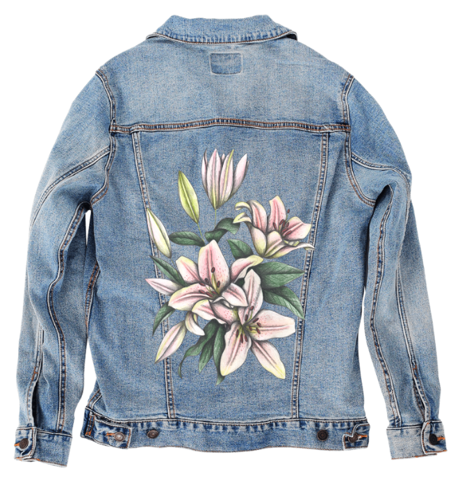 PINK LILIES by CECILIA BATTAINI, digitally printed on DENIM products: throw pillows, aprons, table place mats, and hand-made Unisex Denim Jackets in 3 color choices