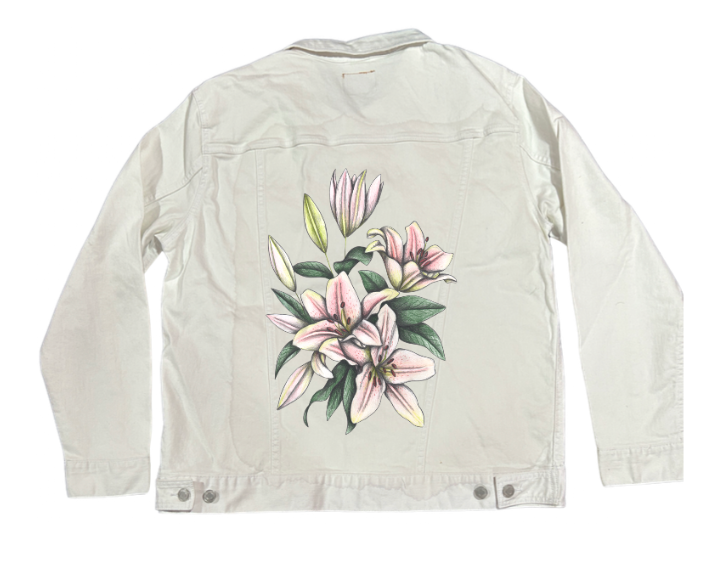 PINK LILIES by CECILIA BATTAINI, digitally printed on DENIM products: throw pillows, aprons, table place mats, and hand-made Unisex Denim Jackets in 3 color choices