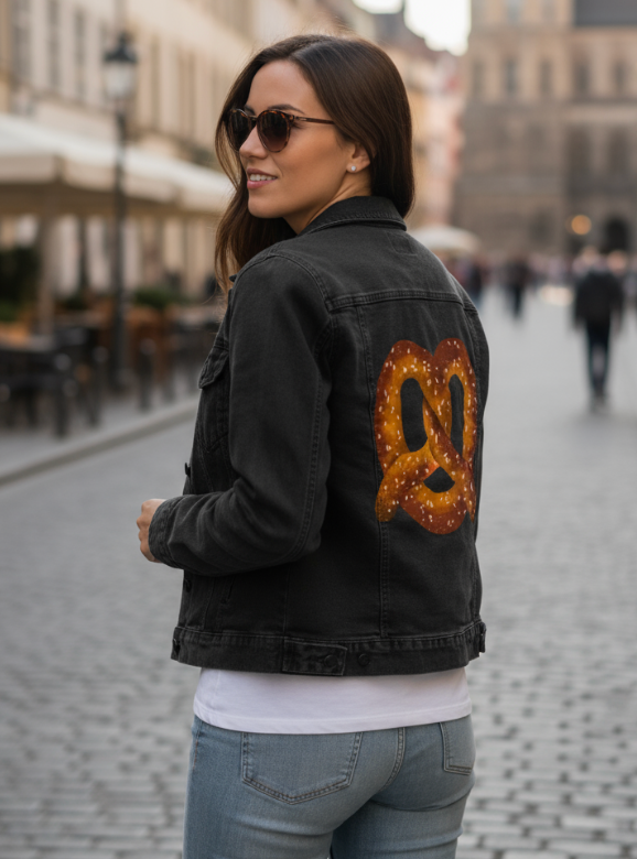 PRETZEL by thearticsoul, digitally printed on DENIM products: throw pillows, aprons, table place mats, and hand-made Unisex Denim Jackets in 3 color choices