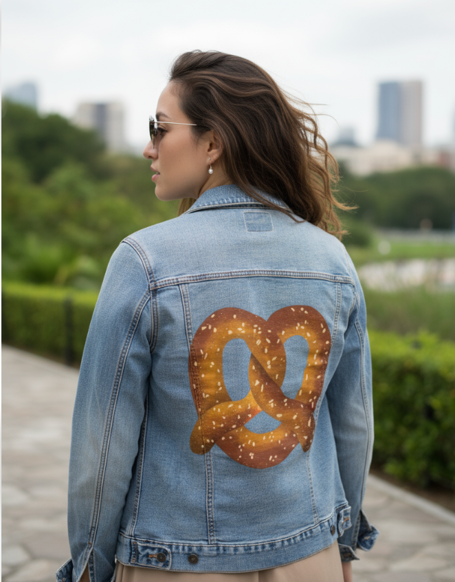 PRETZEL by thearticsoul, digitally printed on DENIM products: throw pillows, aprons, table place mats, and hand-made Unisex Denim Jackets in 3 color choices