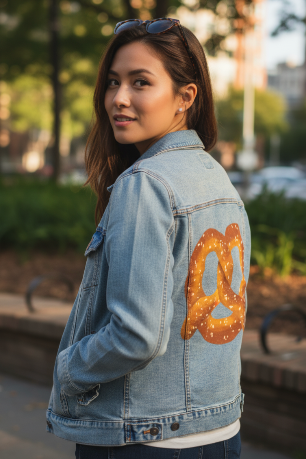 PRETZEL by thearticsoul, digitally printed on DENIM products: throw pillows, aprons, table place mats, and hand-made Unisex Denim Jackets in 3 color choices