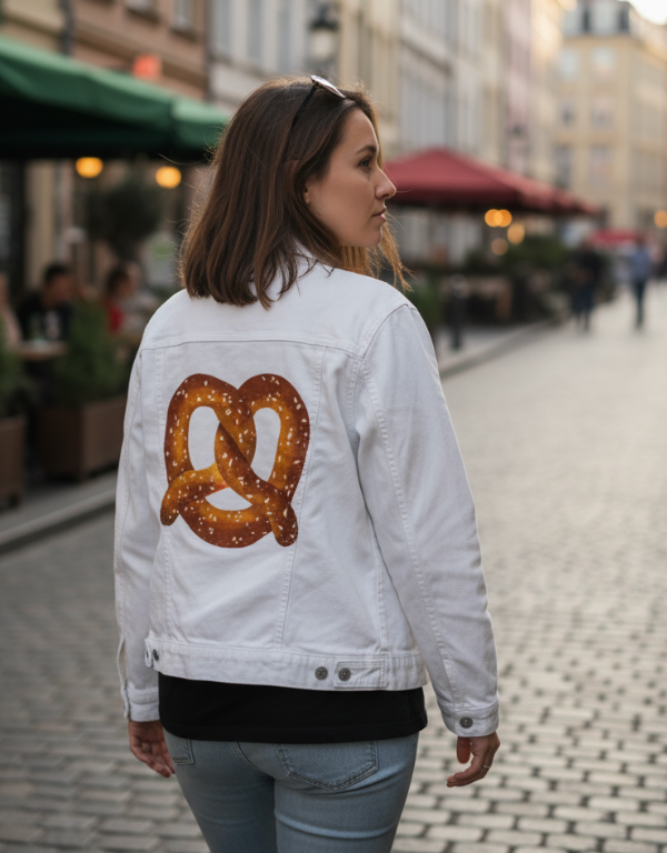 PRETZEL by thearticsoul, digitally printed on DENIM products: throw pillows, aprons, table place mats, and hand-made Unisex Denim Jackets in 3 color choices