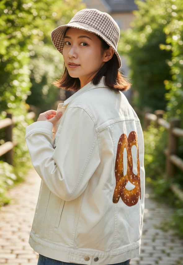 PRETZEL by thearticsoul, digitally printed on DENIM products: throw pillows, aprons, table place mats, and hand-made Unisex Denim Jackets in 3 color choices