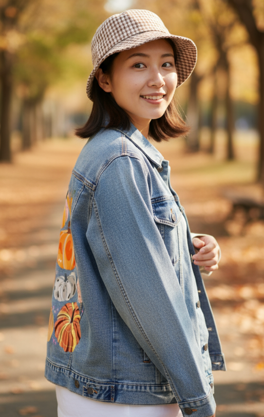 PUMPKINS GALORE by thearticsoul, digitally printed on DENIM products: throw pillows, aprons, table place mats, and hand-made Unisex Denim Jackets in 3 color choices