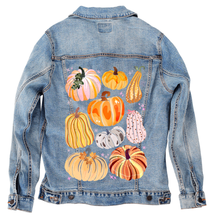 PUMPKINS GALORE by thearticsoul, digitally printed on DENIM products: throw pillows, aprons, table place mats, and hand-made Unisex Denim Jackets in 3 color choices