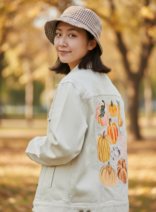 PUMPKINS GALORE by thearticsoul, digitally printed on DENIM products: throw pillows, aprons, table place mats, and hand-made Unisex Denim Jackets in 3 color choices