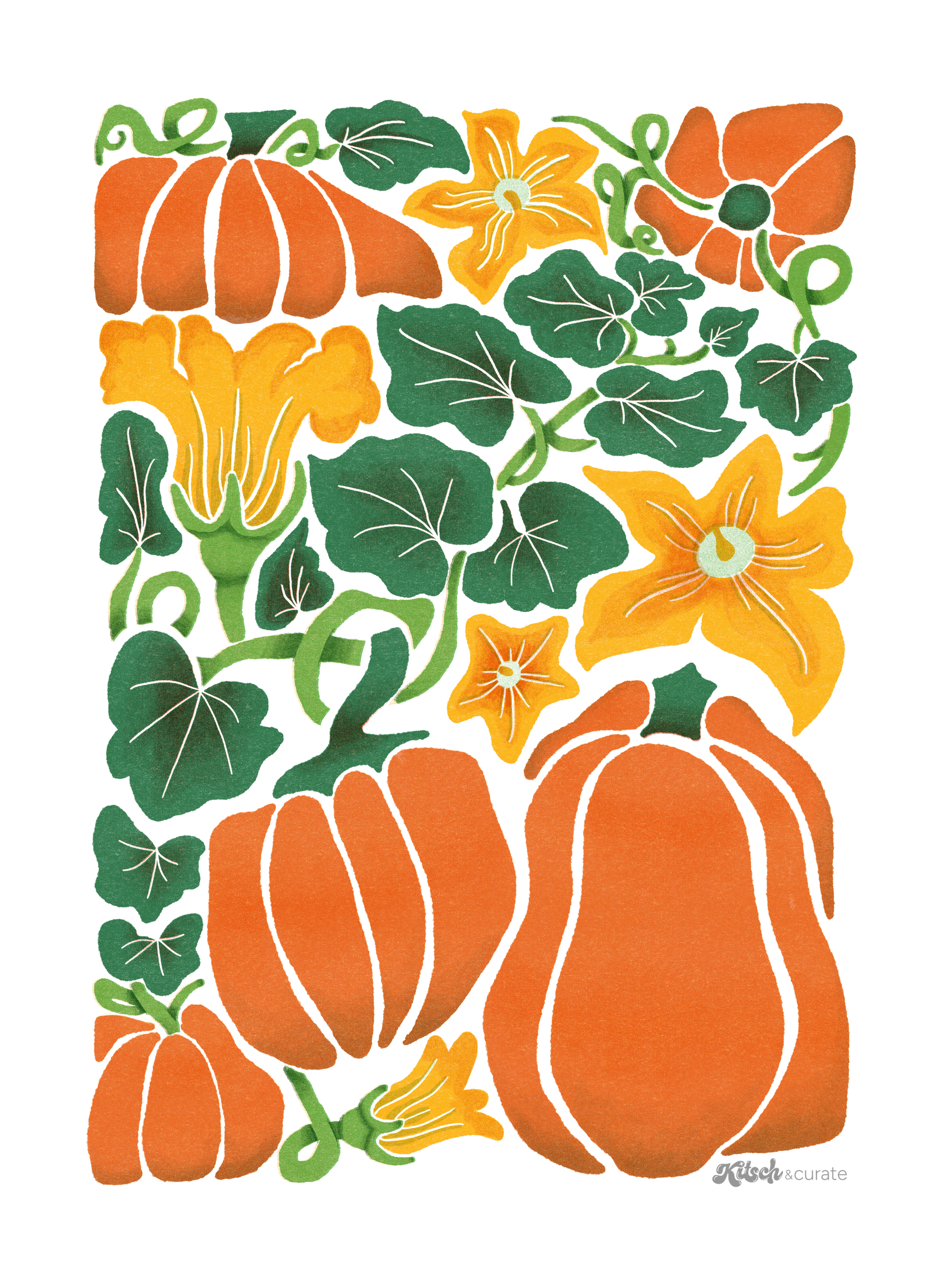 PUMPKIN by KITSCH AND CURATE, digitally printed on DENIM products: throw pillows, aprons, table place mats, and hand-made Unisex Denim Jackets in 3 color choices