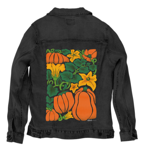 PUMPKIN by KITSCH AND CURATE, digitally printed on DENIM products: throw pillows, aprons, table place mats, and hand-made Unisex Denim Jackets in 3 color choices