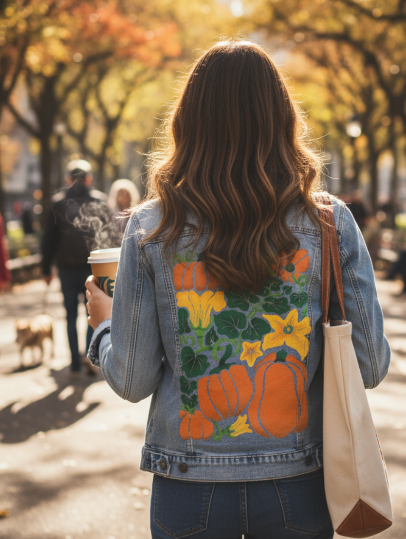 PUMPKIN by KITSCH AND CURATE, digitally printed on DENIM products: throw pillows, aprons, table place mats, and hand-made Unisex Denim Jackets in 3 color choices