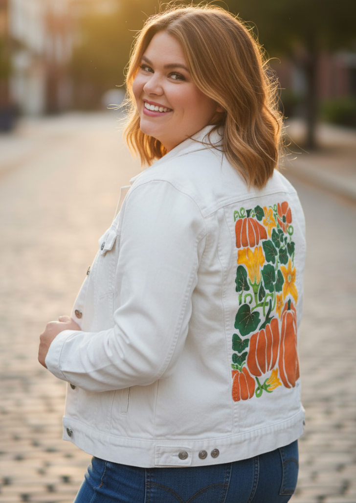 PUMPKIN by KITSCH AND CURATE, digitally printed on DENIM products: throw pillows, aprons, table place mats, and hand-made Unisex Denim Jackets in 3 color choices