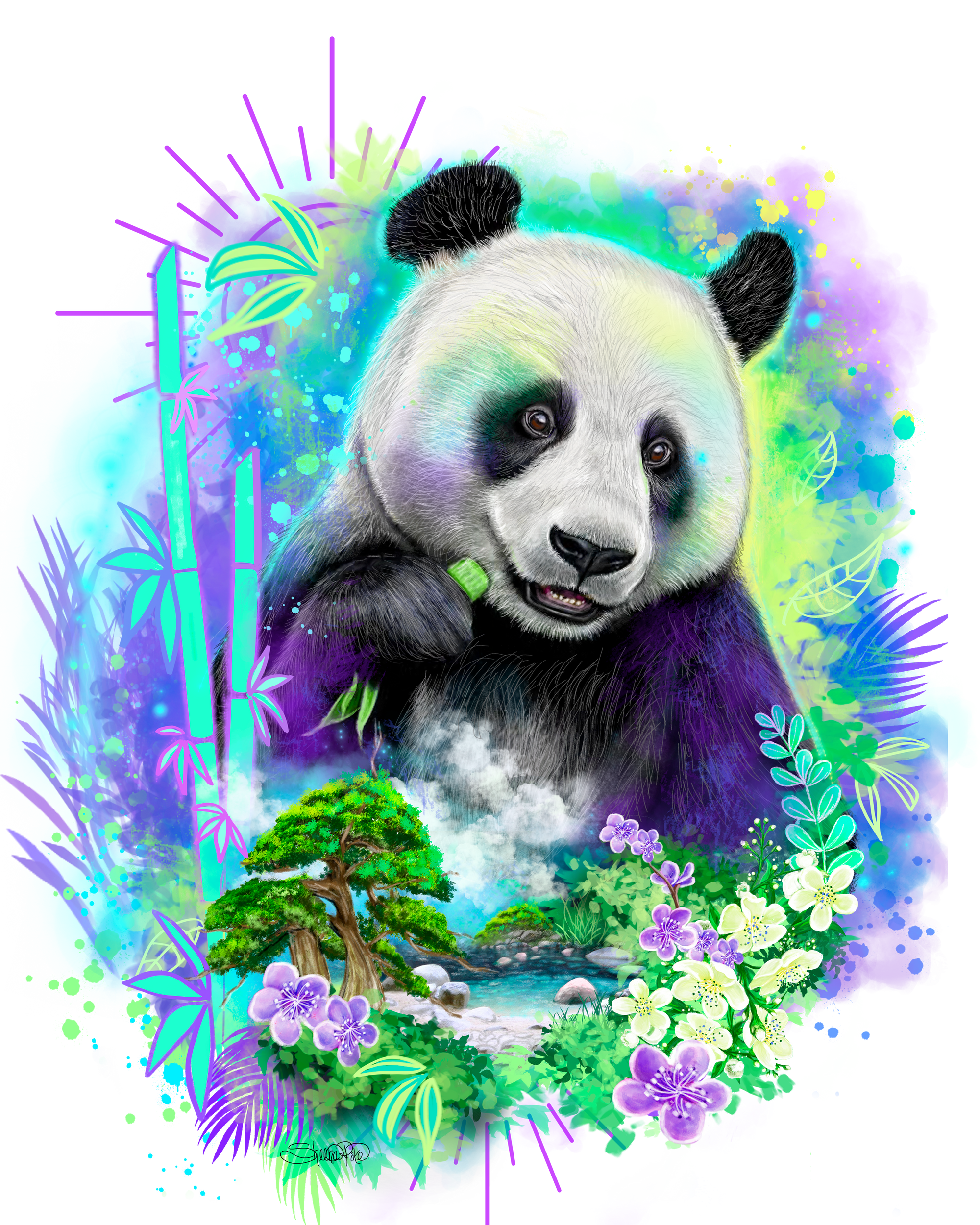 PANDA SPIRIT by SHEENA PIKE, digitally printed on DENIM products: throw pillows, aprons, table place mats, and hand-made Unisex Denim Jackets in 3 color choices