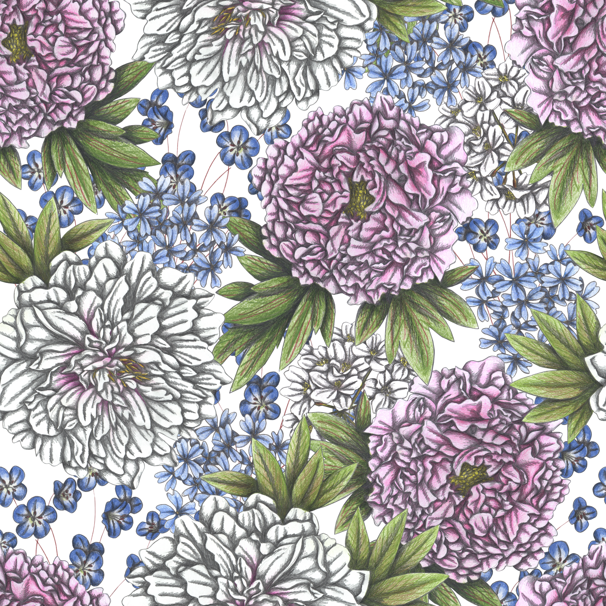 PEONIES by CECILIA BATTAINI, digitally printed on DENIM products: throw pillows, aprons, table place mats, and hand-made Unisex Denim Jackets in 3 color choices