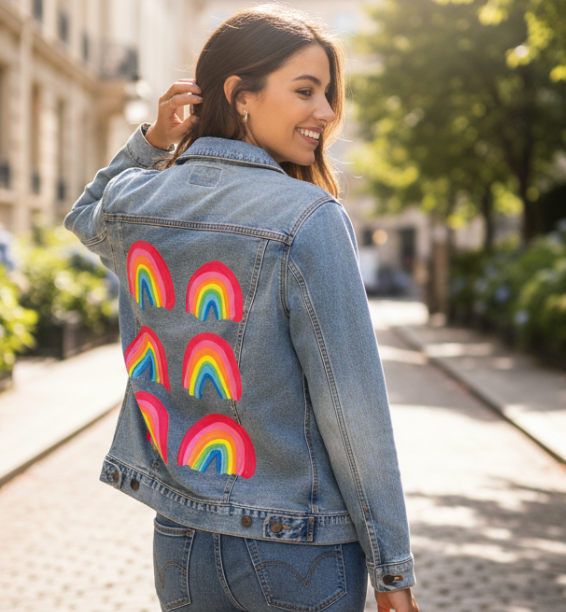 RAINBOW COLLECTION by CatCoq, digitally printed on DENIM products: throw pillows, aprons, table place mats, and hand-made Unisex Denim Jackets in 3 color choices