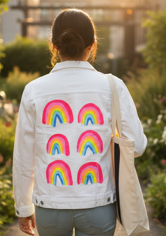 RAINBOW COLLECTION by CatCoq, digitally printed on DENIM products: throw pillows, aprons, table place mats, and hand-made Unisex Denim Jackets in 3 color choices