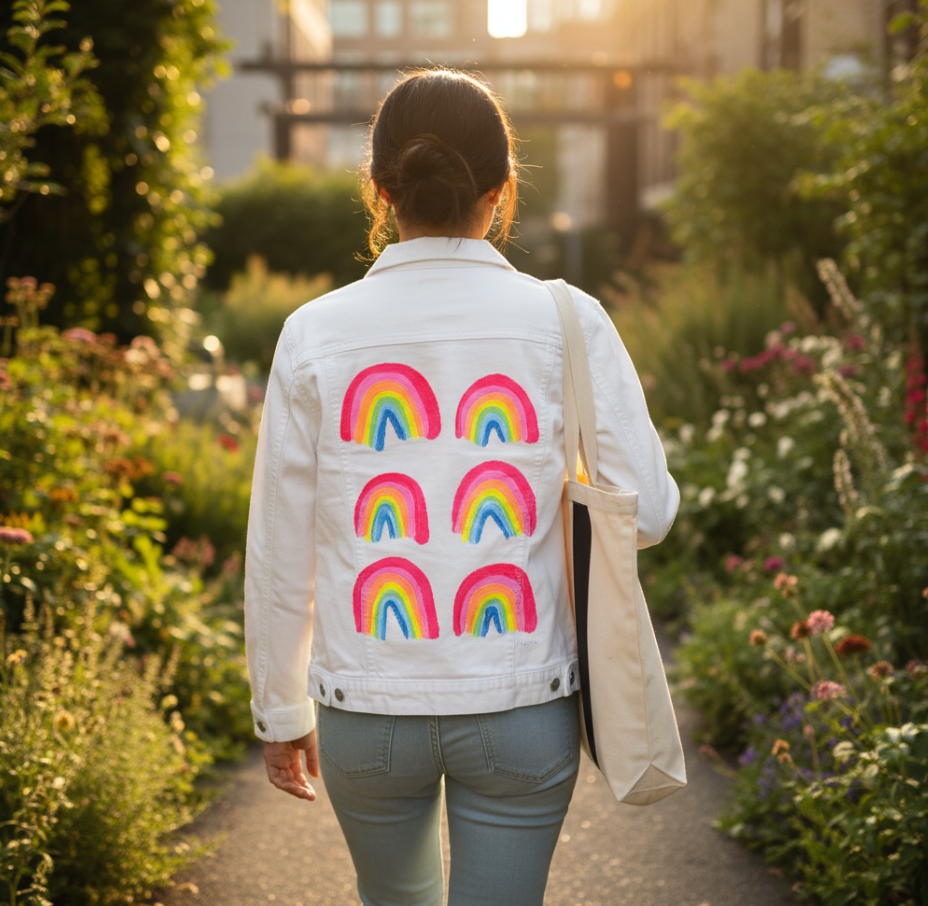 RAINBOW COLLECTION by CatCoq, digitally printed on DENIM products: throw pillows, aprons, table place mats, and hand-made Unisex Denim Jackets in 3 color choices