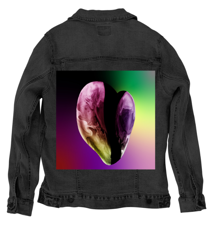 RAINBOW HEART by RAMIR DESIGNS, digitally printed on a hand-made Unisex Denim Jacket