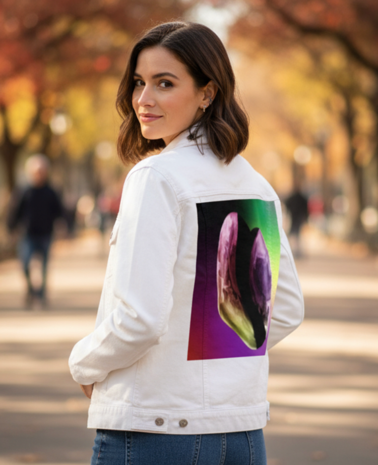 RAINBOW HEART by RAMIR DESIGNS, digitally printed on a hand-made Unisex Denim Jacket