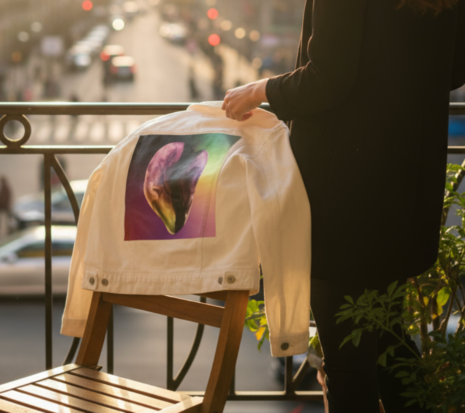 RAINBOW HEART by RAMIR DESIGNS, digitally printed on a hand-made Unisex Denim Jacket