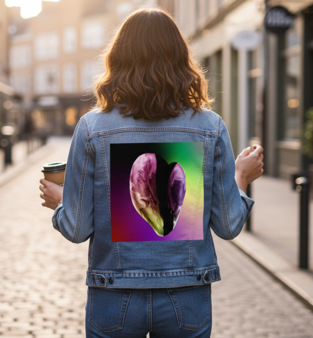 RAINBOW HEART by RAMIR DESIGNS, digitally printed on a hand-made Unisex Denim Jacket