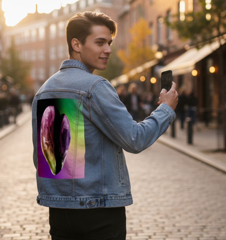 RAINBOW HEART by RAMIR DESIGNS, digitally printed on a hand-made Unisex Denim Jacket
