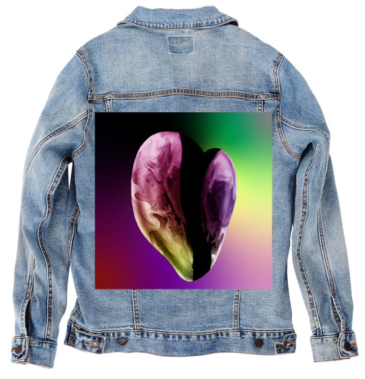 RAINBOW HEART by RAMIR DESIGNS, digitally printed on a hand-made Unisex Denim Jacket