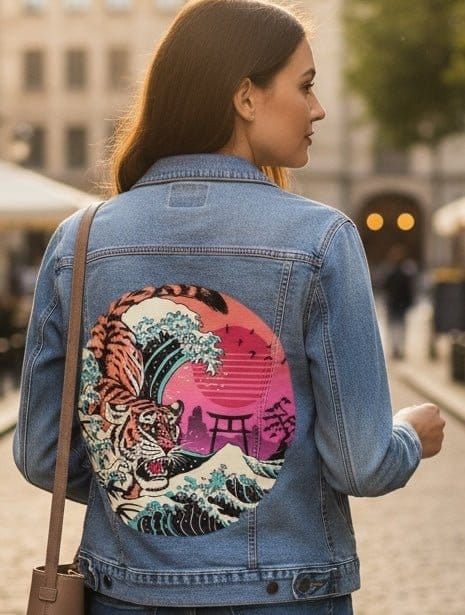RAD TIGER WAVE by VINCENT TRINIDAD, digitally printed on DENIM products: throw pillows, aprons, table place mats, and hand-made Unisex Denim Jackets in 3 color choices RAD TIGER WAVE by VINCENT TRINIDAD, digitally printed on DENIM products: throw pillows, aprons, table place mats, and hand-made Unisex Denim Jackets in 3 color choices