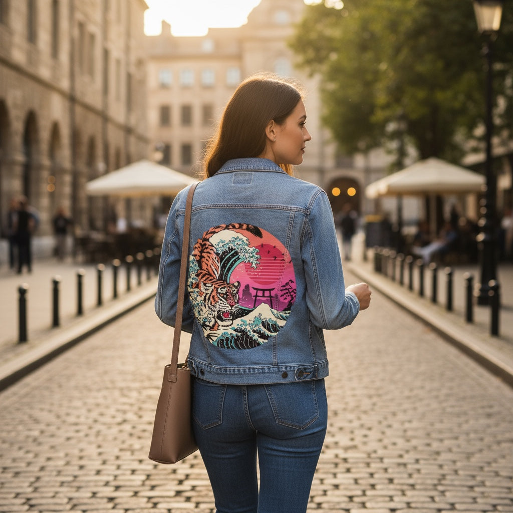Rad Tiger Wave by Vincent Trinidad, printed on a hand-made Unisex Denim Jacket