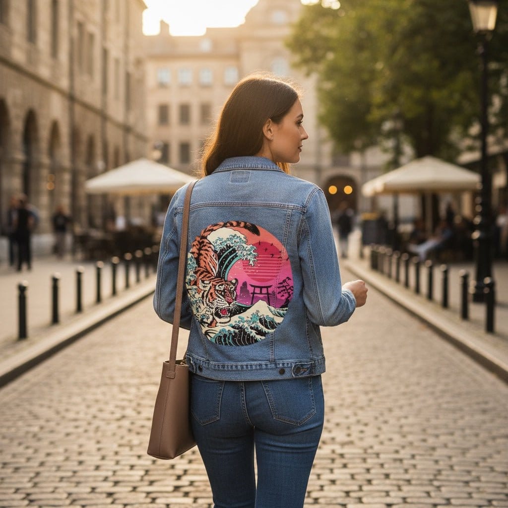 RAD TIGER WAVE by VINCENT TRINIDAD, digitally printed on DENIM products: throw pillows, aprons, table place mats, and hand-made Unisex Denim Jackets in 3 color choices RAD TIGER WAVE by VINCENT TRINIDAD, digitally printed on DENIM products: throw pillows, aprons, table place mats, and hand-made Unisex Denim Jackets in 3 color choices