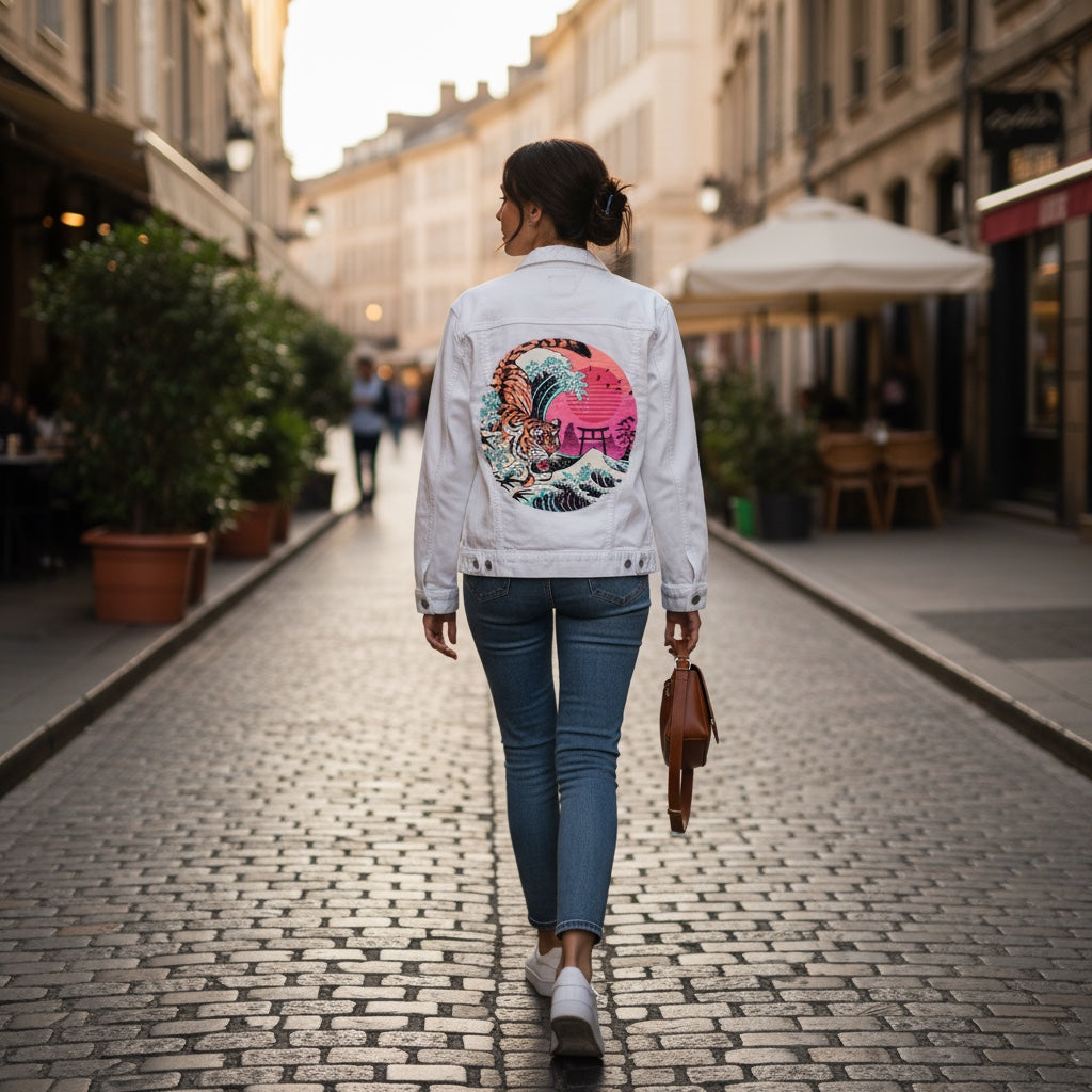 Rad Tiger Wave by Vincent Trinidad, printed on a hand-made Unisex Denim Jacket