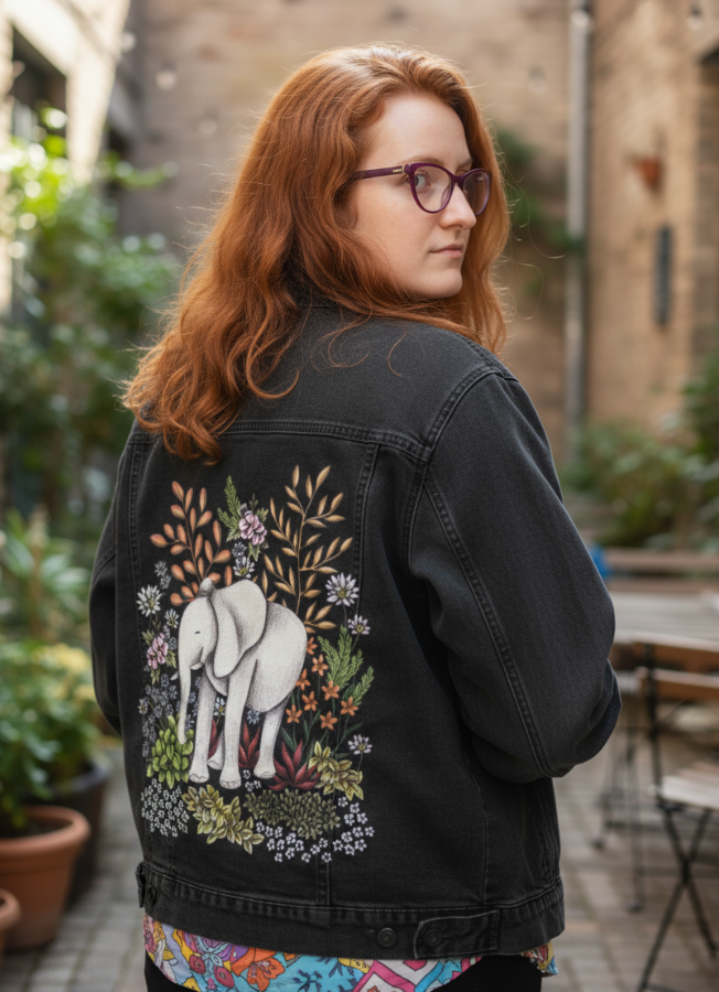 SAFARI ELEPHANT by CECILIA BATTAINI, digitally printed on DENIM products: throw pillows, aprons, table place mats, and hand-made Unisex Denim Jackets in 3 color choices