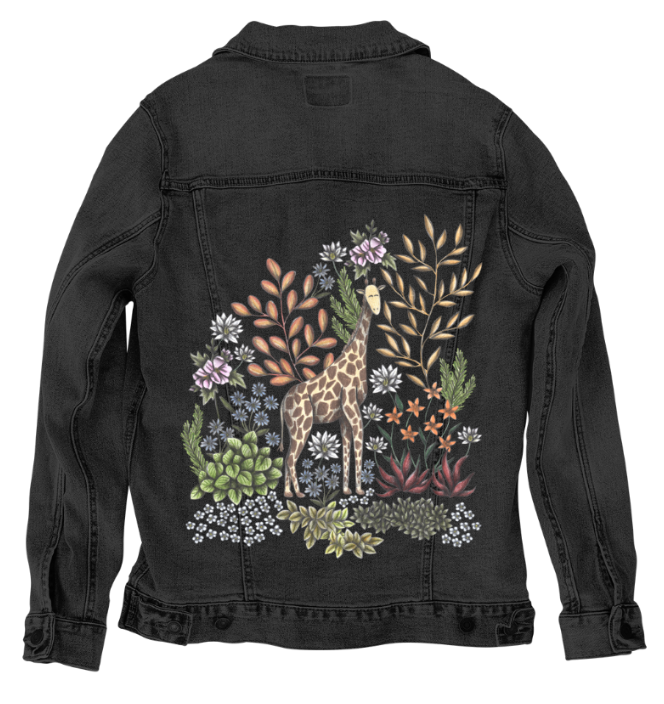 SAFARI GIRAFFE by CECILIA BATTAINI, digitally printed on DENIM products: throw pillows, aprons, table place mats, and hand-made Unisex Denim Jackets in 3 color choices