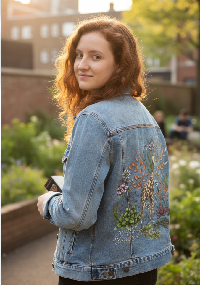 SAFARI GIRAFFE by CECILIA BATTAINI, digitally printed on DENIM products: throw pillows, aprons, table place mats, and hand-made Unisex Denim Jackets in 3 color choices