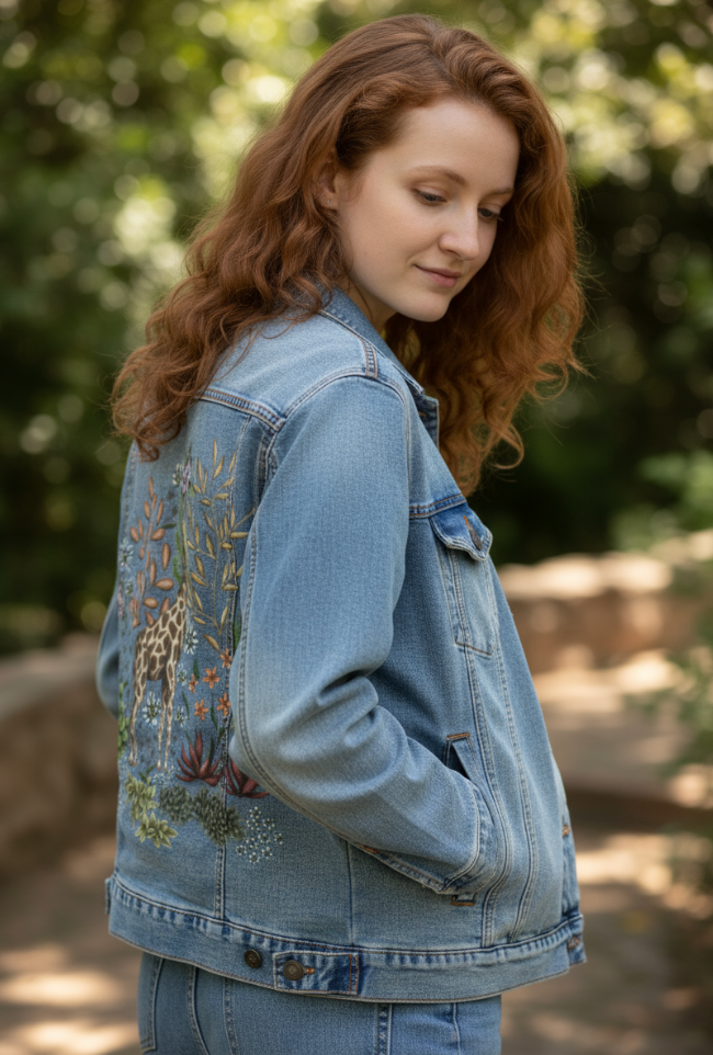 SAFARI GIRAFFE by CECILIA BATTAINI, digitally printed on DENIM products: throw pillows, aprons, table place mats, and hand-made Unisex Denim Jackets in 3 color choices