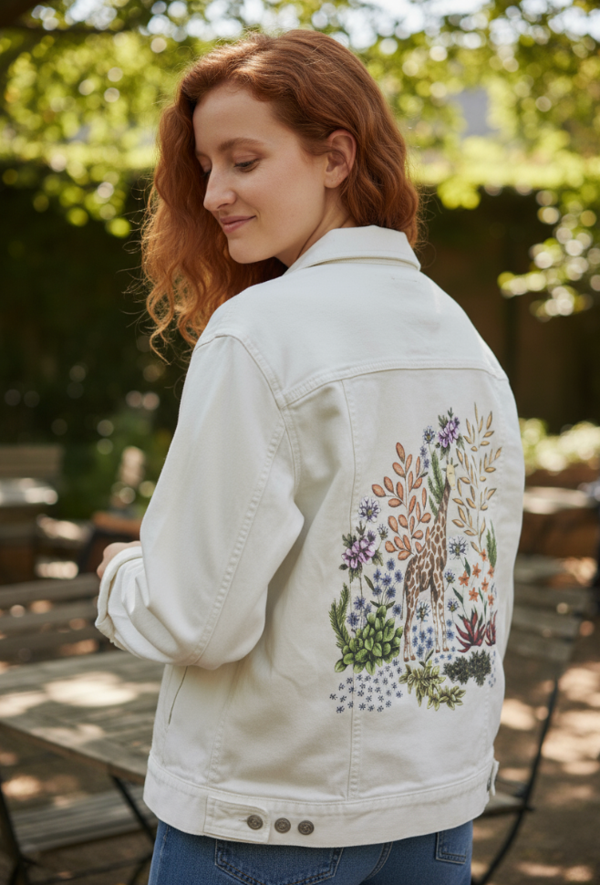 SAFARI GIRAFFE by CECILIA BATTAINI, digitally printed on DENIM products: throw pillows, aprons, table place mats, and hand-made Unisex Denim Jackets in 3 color choices