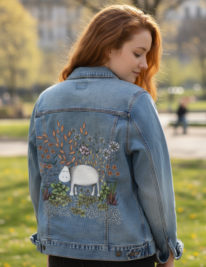 SAFARI HIPPO by CECILIA BATTAINI, digitally printed on DENIM products: throw pillows, aprons, table place mats, and hand-made Unisex Denim Jackets in 3 color choices