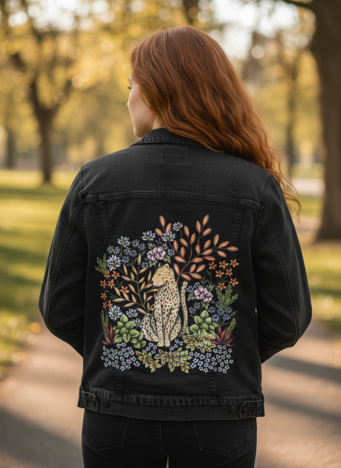 SAFARI LEOPARD by CECILIA BATTAINI, digitally printed on DENIM products: throw pillows, aprons, table place mats, and hand-made Unisex Denim Jackets in 3 color choices