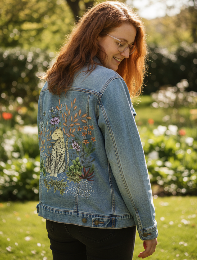 SAFARI LEOPARD by CECILIA BATTAINI, digitally printed on DENIM products: throw pillows, aprons, table place mats, and hand-made Unisex Denim Jackets in 3 color choices