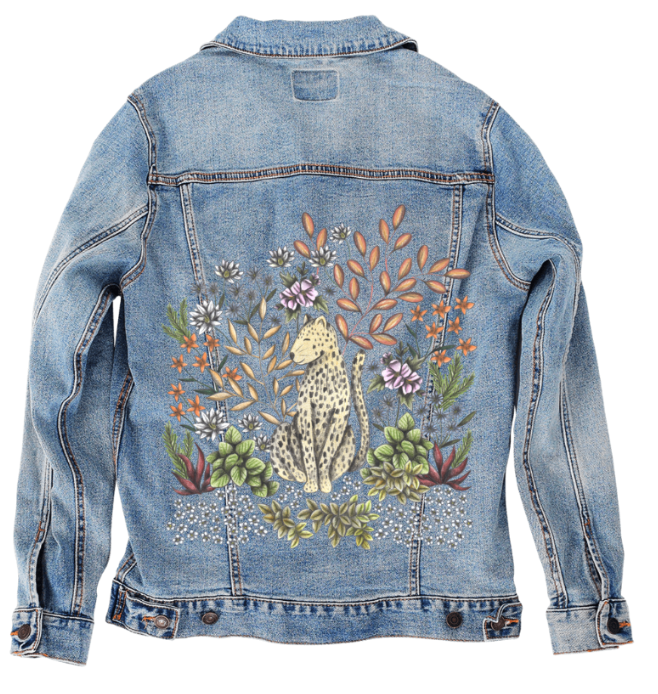 SAFARI LEOPARD by CECILIA BATTAINI, digitally printed on DENIM products: throw pillows, aprons, table place mats, and hand-made Unisex Denim Jackets in 3 color choices