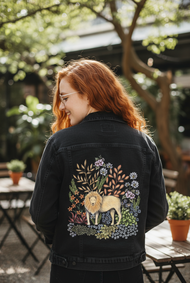 SAFARI LION by CECILIA BATTAINI, digitally printed on DENIM products: throw pillows, aprons, table place mats, and hand-made Unisex Denim Jackets in 3 color choices